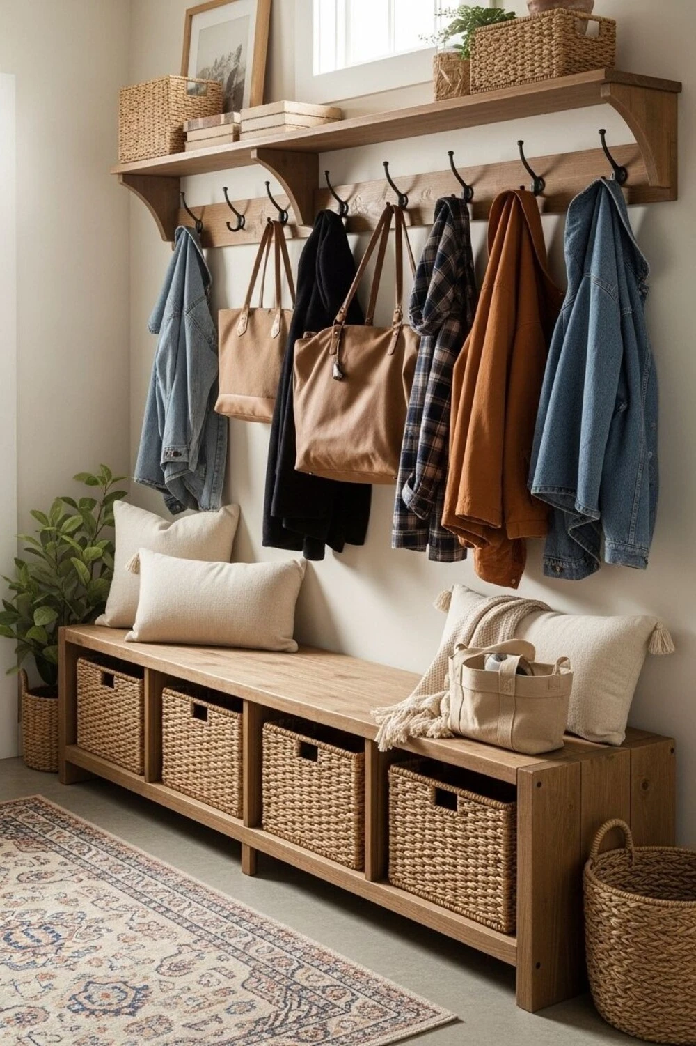 entryway with baskets and floating shelf