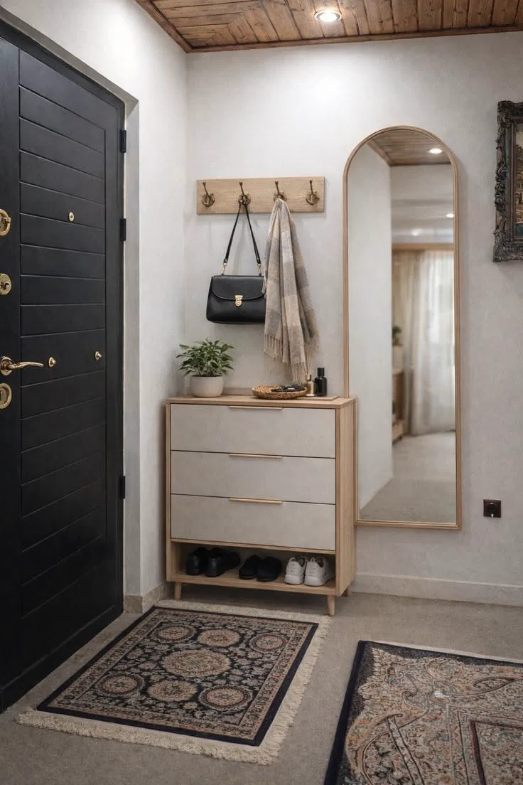 a small entryway with full length mirror