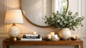 a table lamp on entryway console table