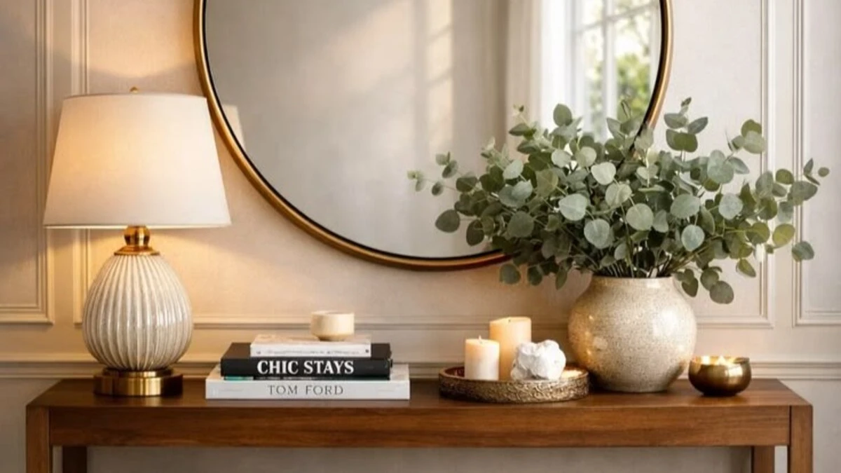 a table lamp on entryway console table