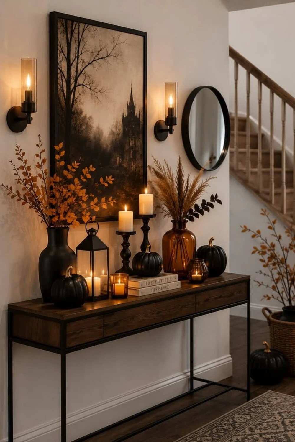 fall leaves on console table