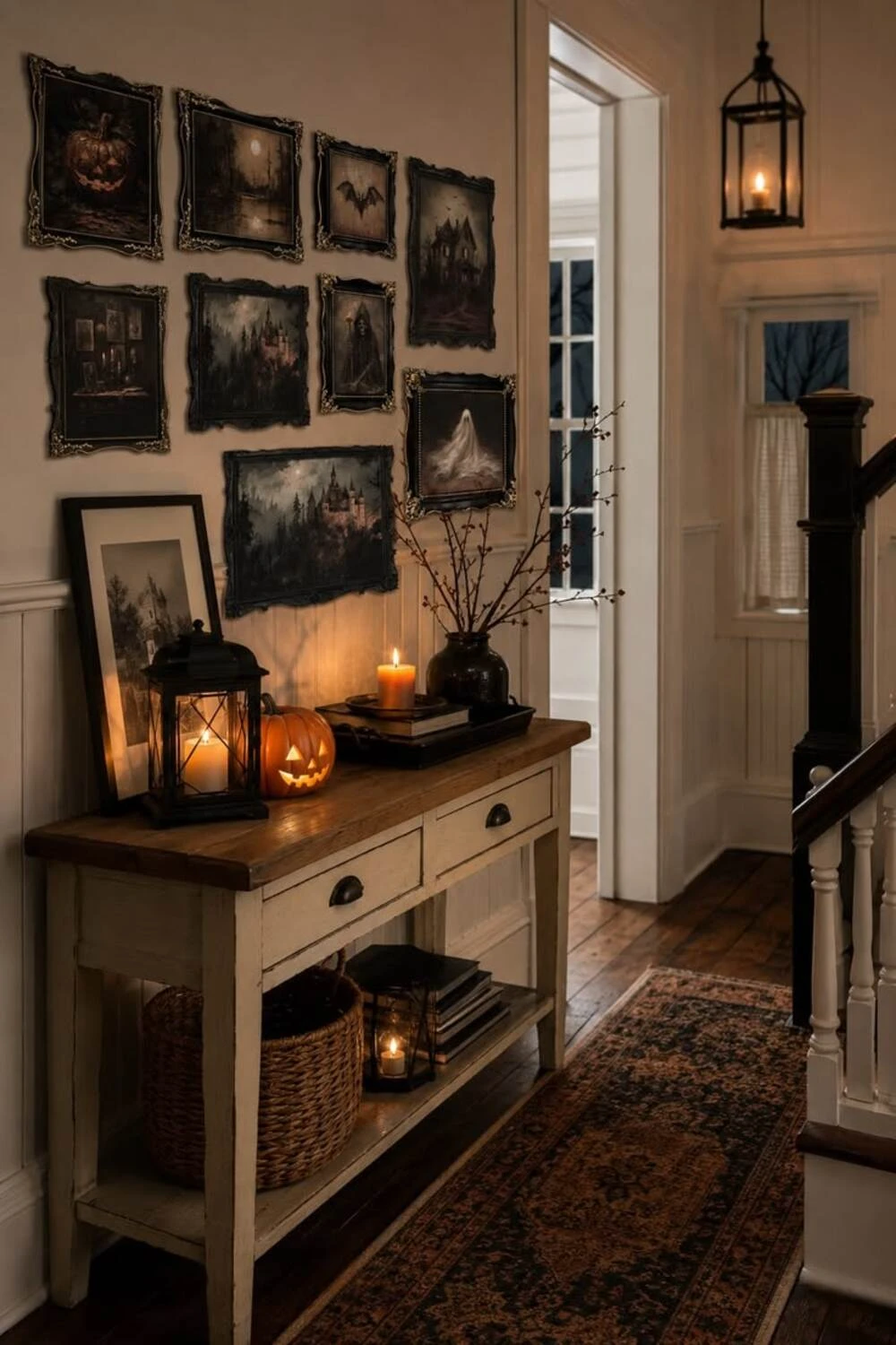 halloween console table with black vase and candles