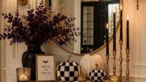 halloween entryway in black and white