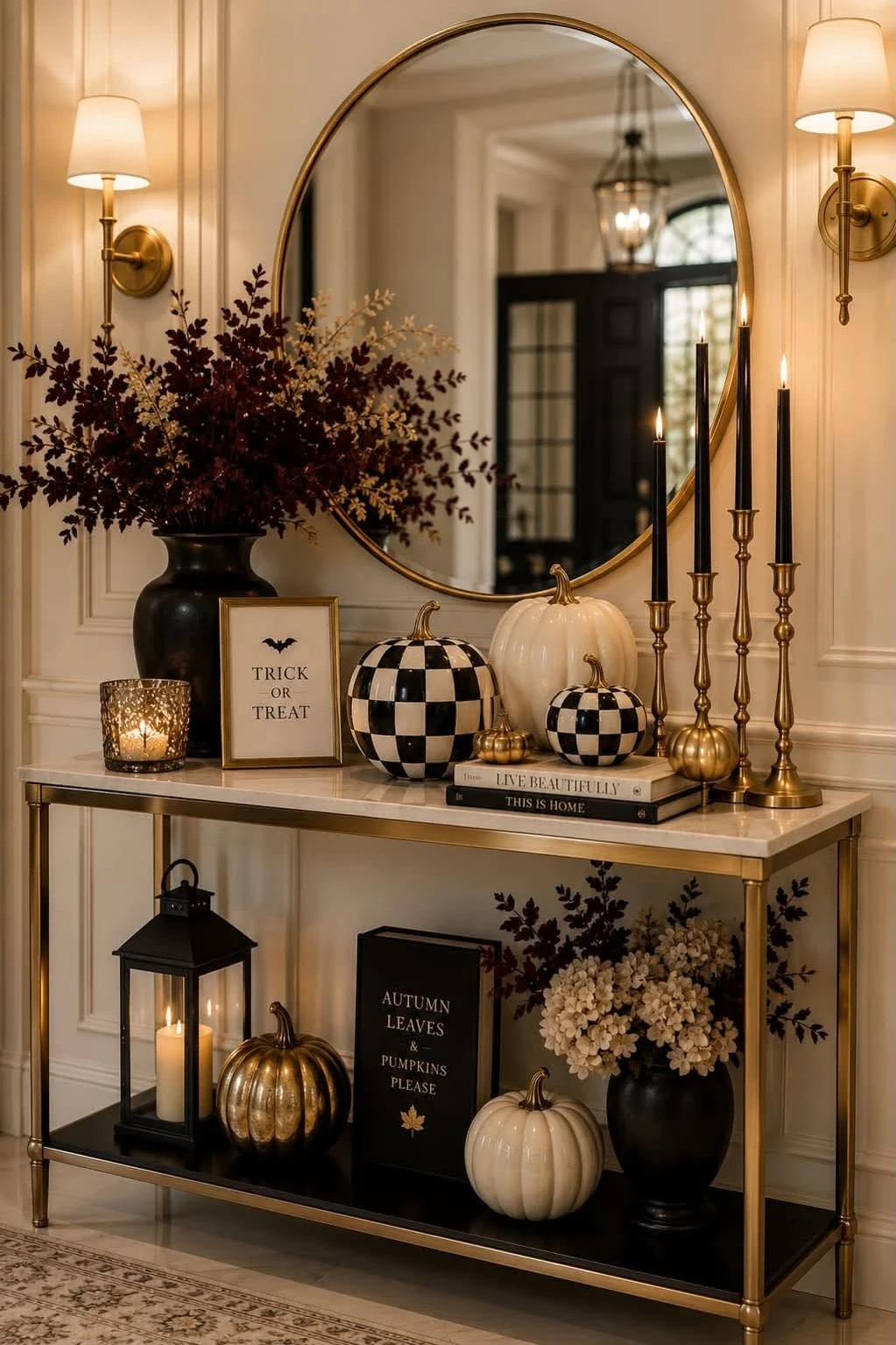 halloween entryway in black and white