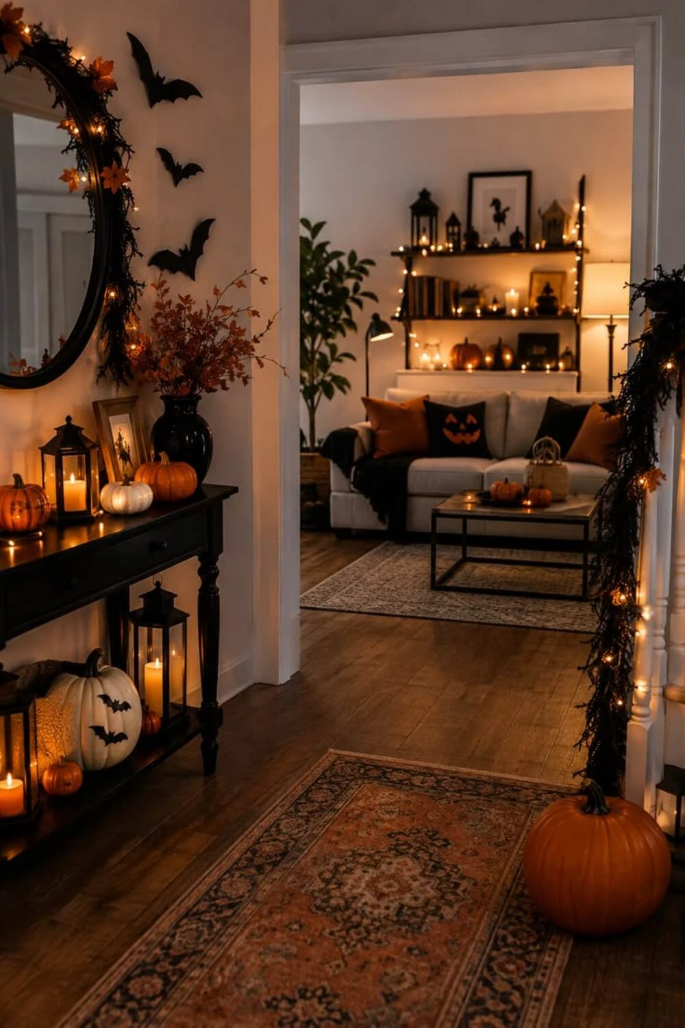 halloween entryway with pumpkins