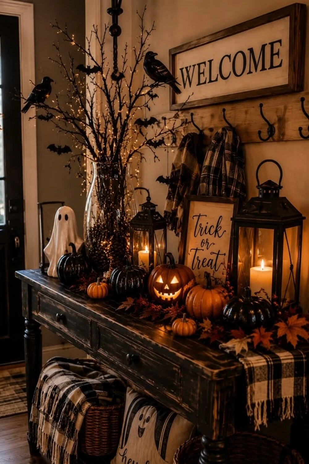 trick or treat sign on console table